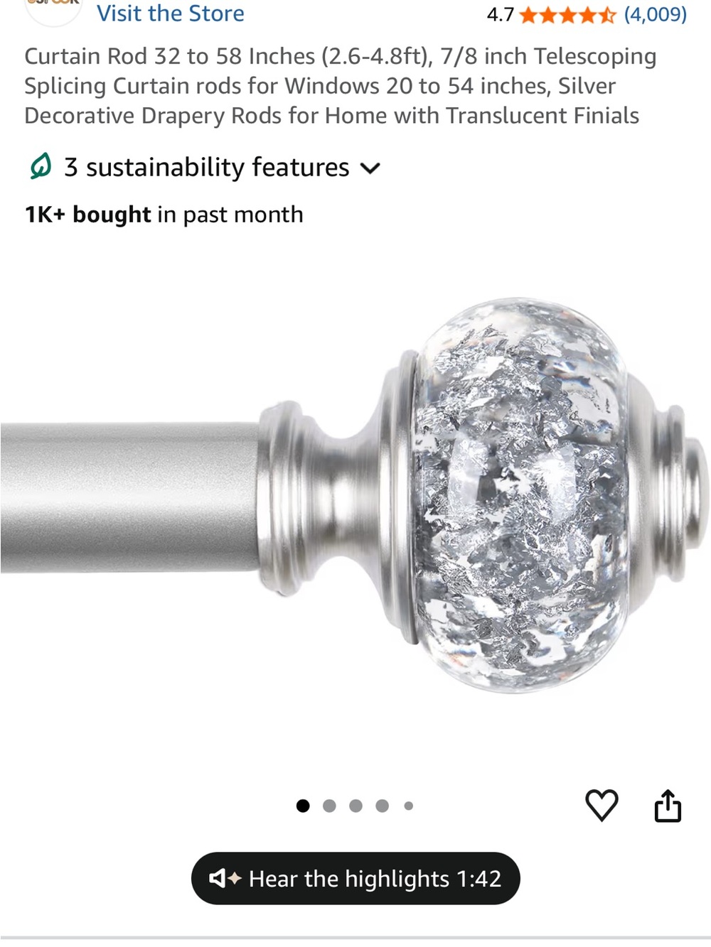 Silver Curtain Rod with Clear Crackle Glass Finial